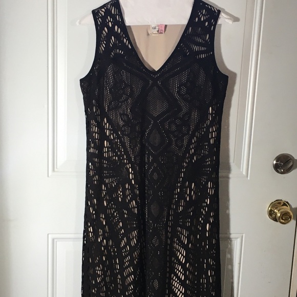 Beige by ECI black lace front flapper sleeveless dress fringe size Small - Picture 1 of 8